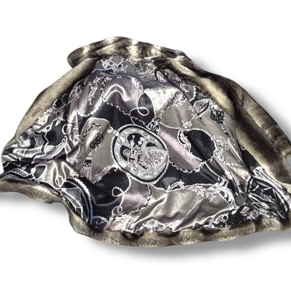 Vintage Y2K Dennis Basso Faux Fur Coat Brown Gray Striped Medium Warm Glamorous - Picture 11 of 16